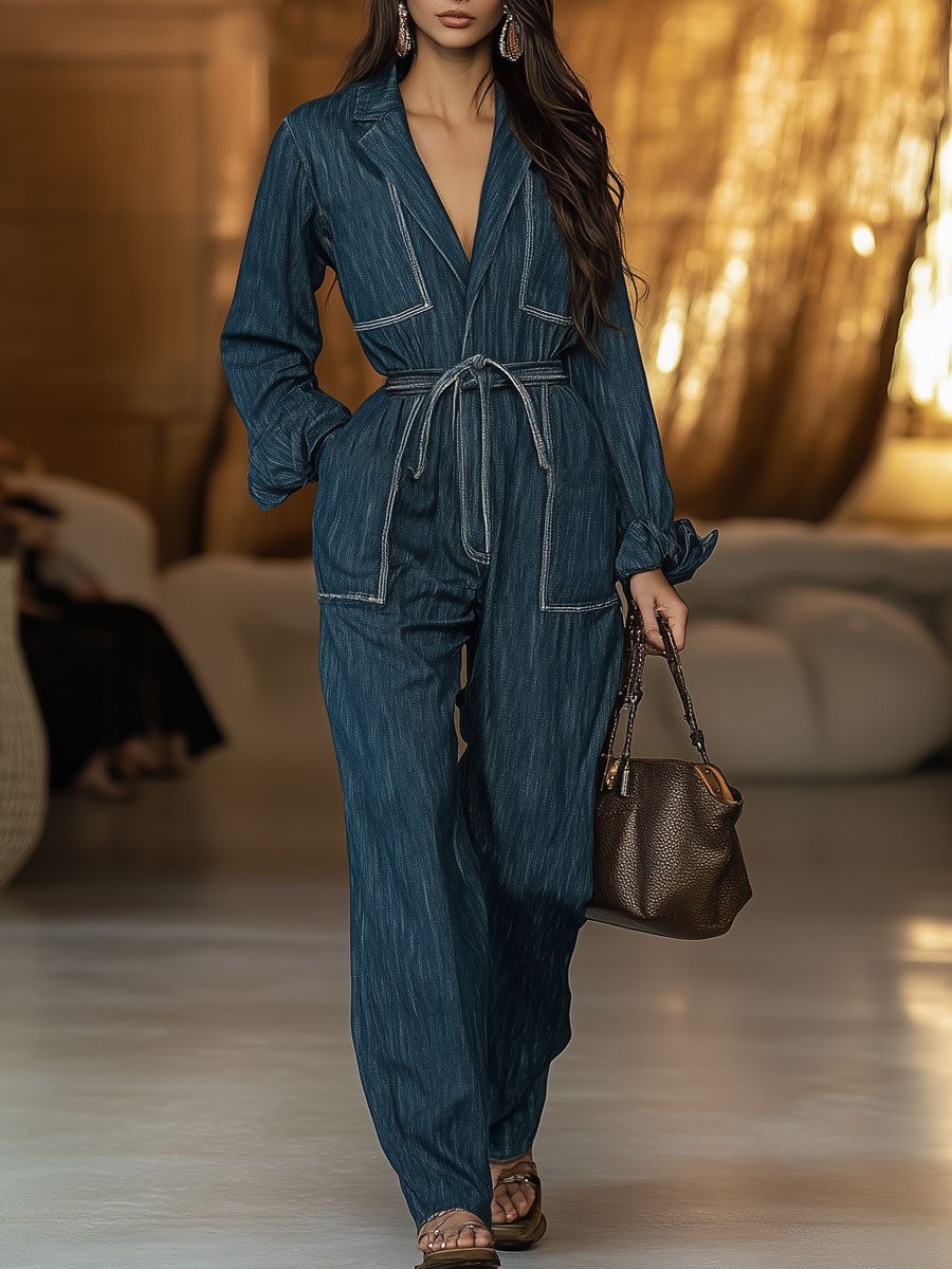 Casual Retro Belted Contrasting Color Stitching Long-Sleeved Denim Jumpsuit