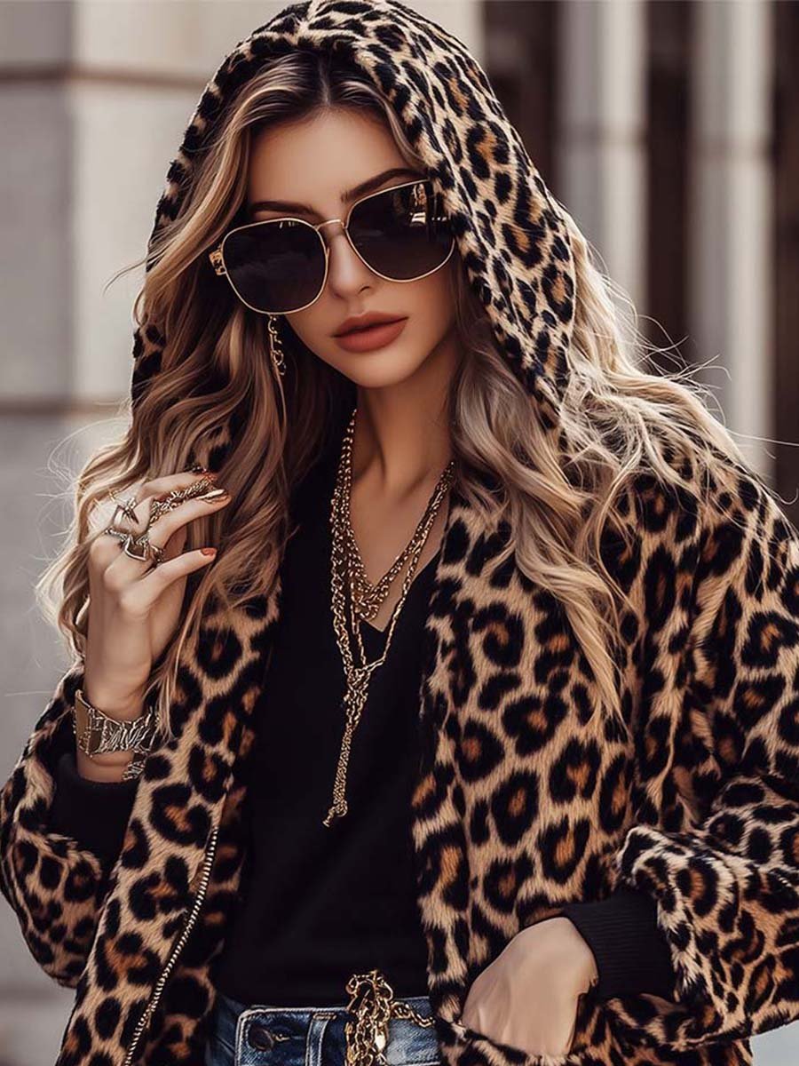 Fashion Vintage Hooded Zipper Faux Turf Leopard Print Jacket