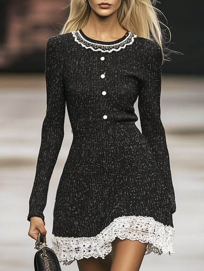 Elegant Tweed Lace Trim Black Long Sleeve Mini Dress