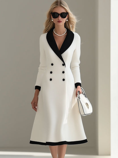 High-End And Elegant Black Lapel White Woolen Midi Dress