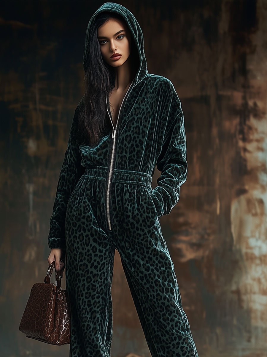 Casual Vintage Velvet Leopard Print Elastic Waist Zipper Hooded Jumpsuit