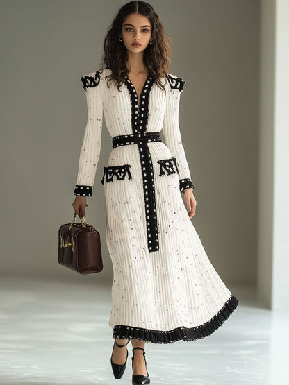 Fashion Retro Black And White Color Matching Knitted Long Sleeve Maxi Dress