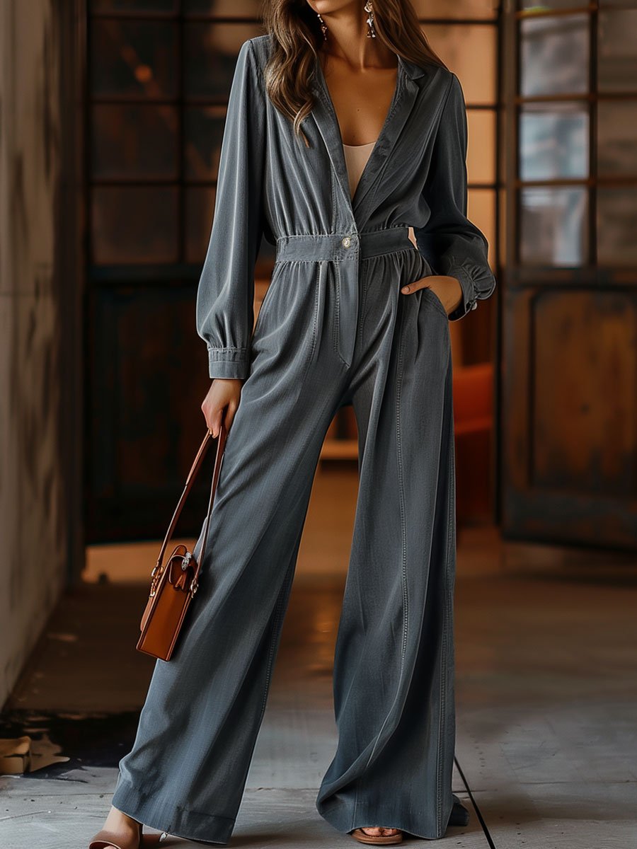 【24-hour shipping out】Casual Retro Pocket Denim Long Sleeve Wide Leg Jumpsuit