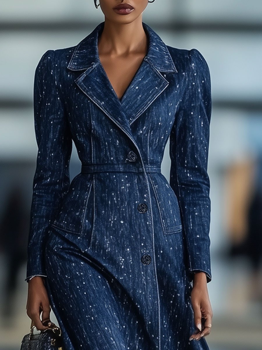 Casual Retro Polka Dot Denim Long Sleeve Dress Style Trench Coat Jacket