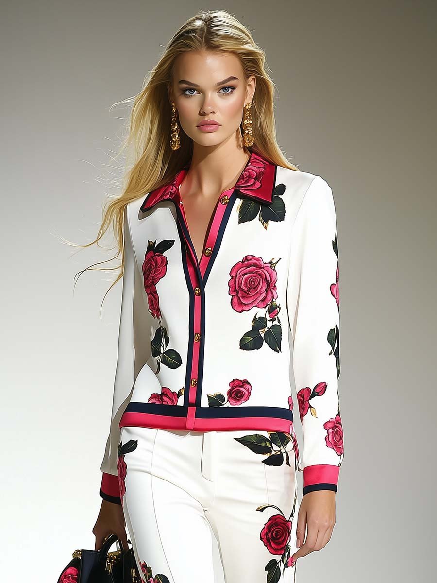 Fashionable Personality Hot Pink Contrast Edge Rose Print White Shirt