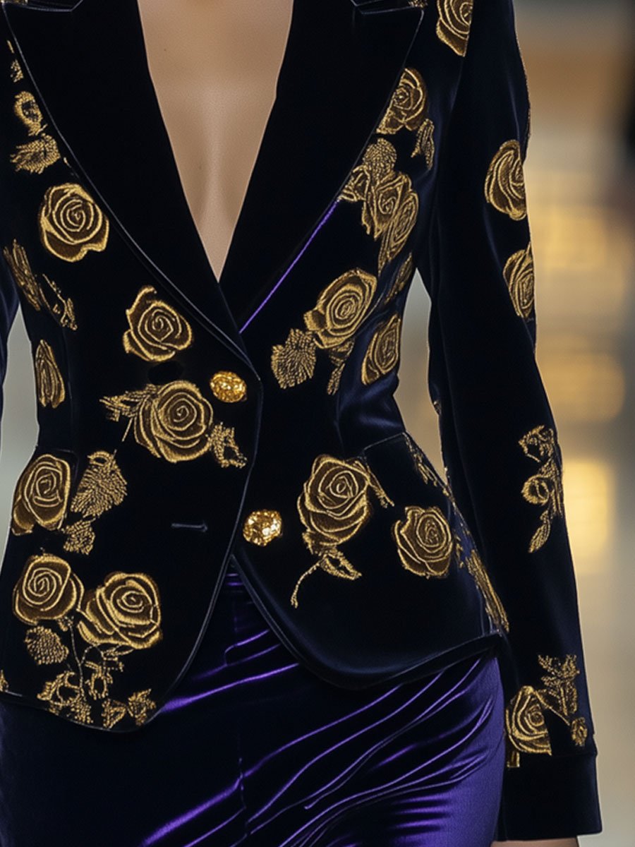 Casual Loose Vintage Velvet Gold Rose Print Blazer