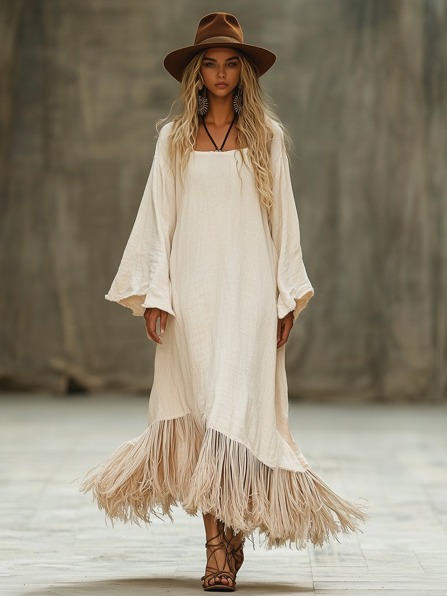 Casual Loose Simple Hem Tassel Beige Long Sleeve Maxi Dress