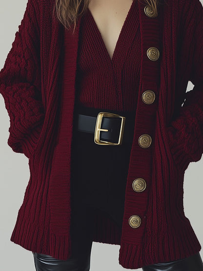 Casual Retro Chic Button Decorated Burgundy Knit Cardigan