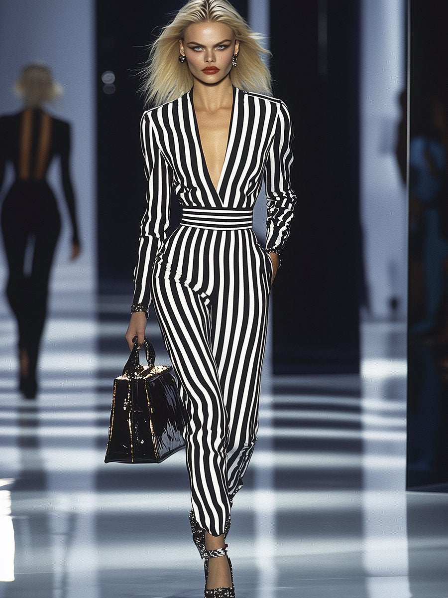 Elegant Classic V-Neck Striped Long Sleeve Jumpsuit