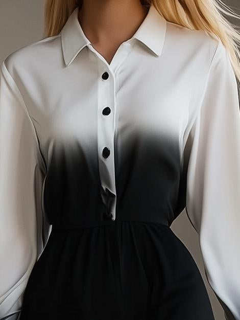 Artistic Black and White Gradient Long Sleeve Midi Dress