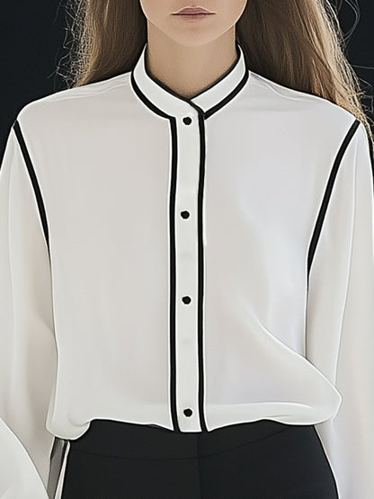 Elegant and Fashionable White Satin Stand Collar Black Edge Shirt