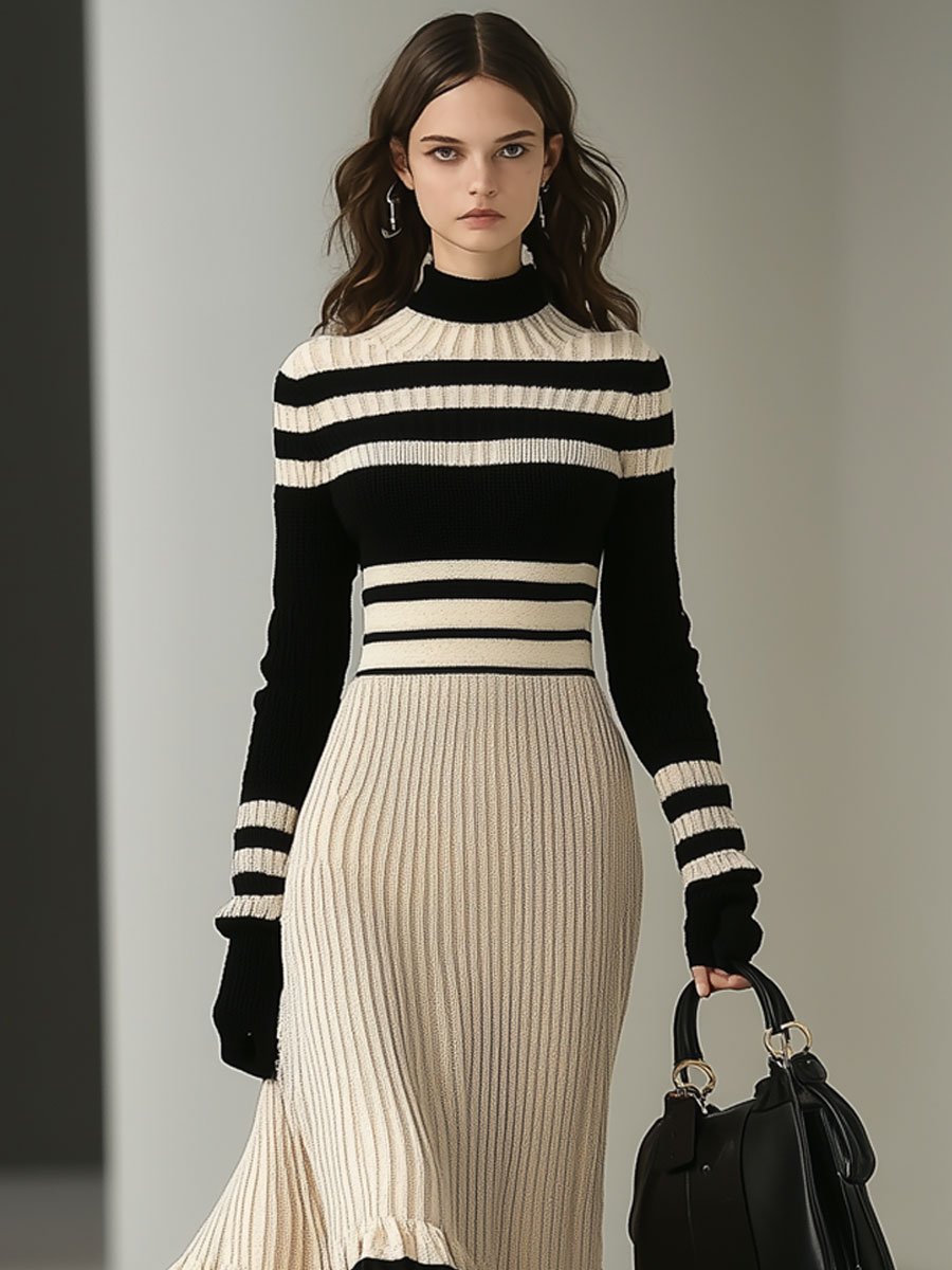 Fashion Retro Striped Long Sleeve Knitted Midi Dress