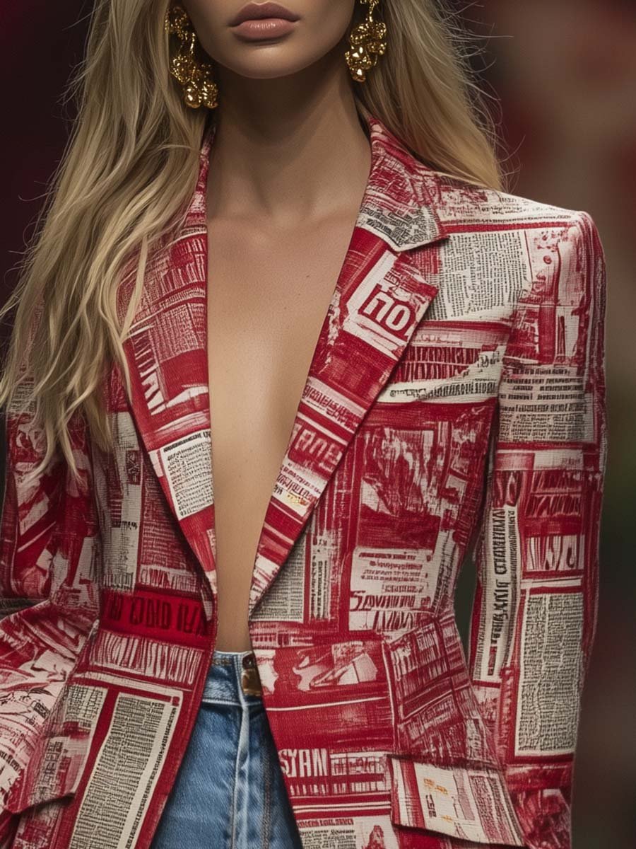 Stylish Personalized Newspaper Print Red Blazer