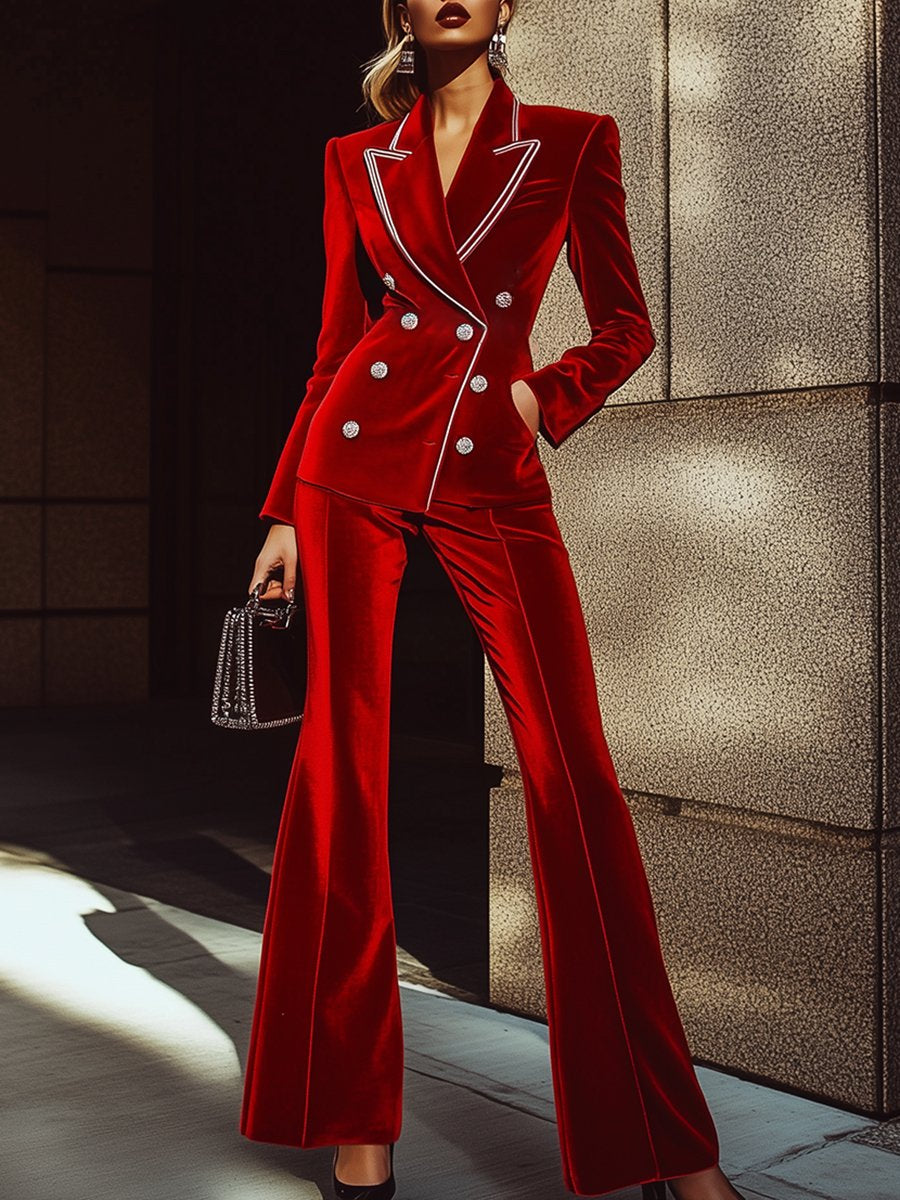 High-End Fashion Red Velvet Suit With Silver Trim