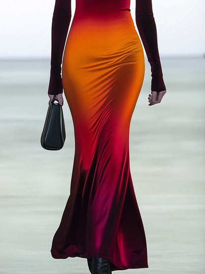 Elegant High-end High-neck Slim-fit Wine Red and Orange Gradient Satin Maxi Dress