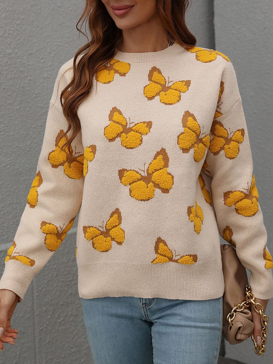 Butterfly Jacquard Round Neck Loose Knitted Pullover Sweater