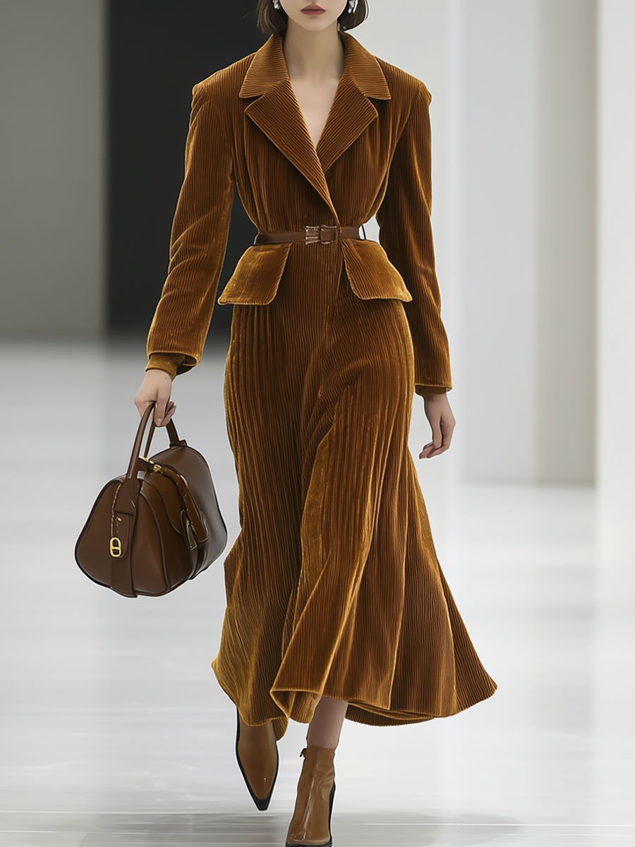 Retro Fashion Corduroy Long Sleeve Midi Dress