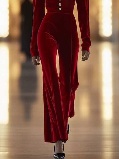 Fashion Retro Red Velvet Metal Button Long Sleeve Flared Jumpsuit