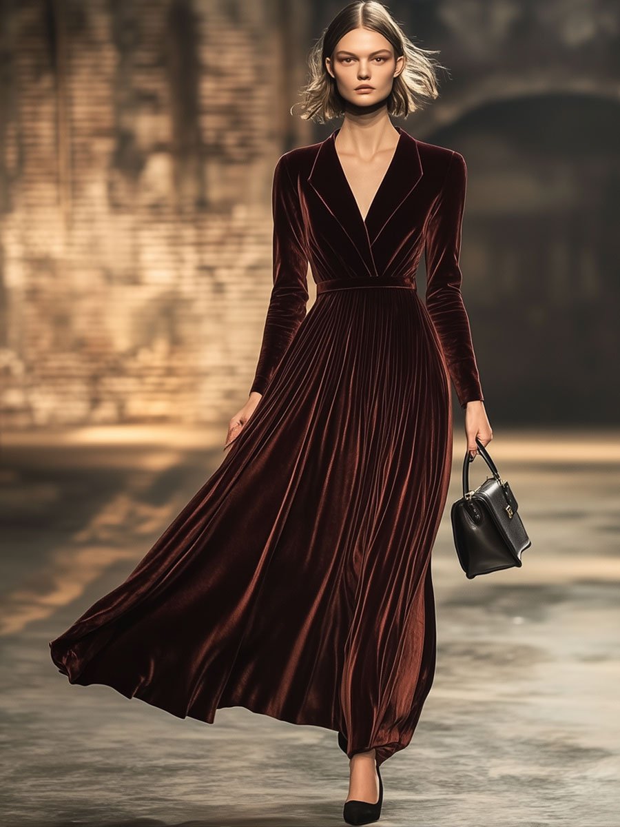 Fashion Party Lapel Solid Color Velvet Long Sleeve Trench Coat Maxi Dress