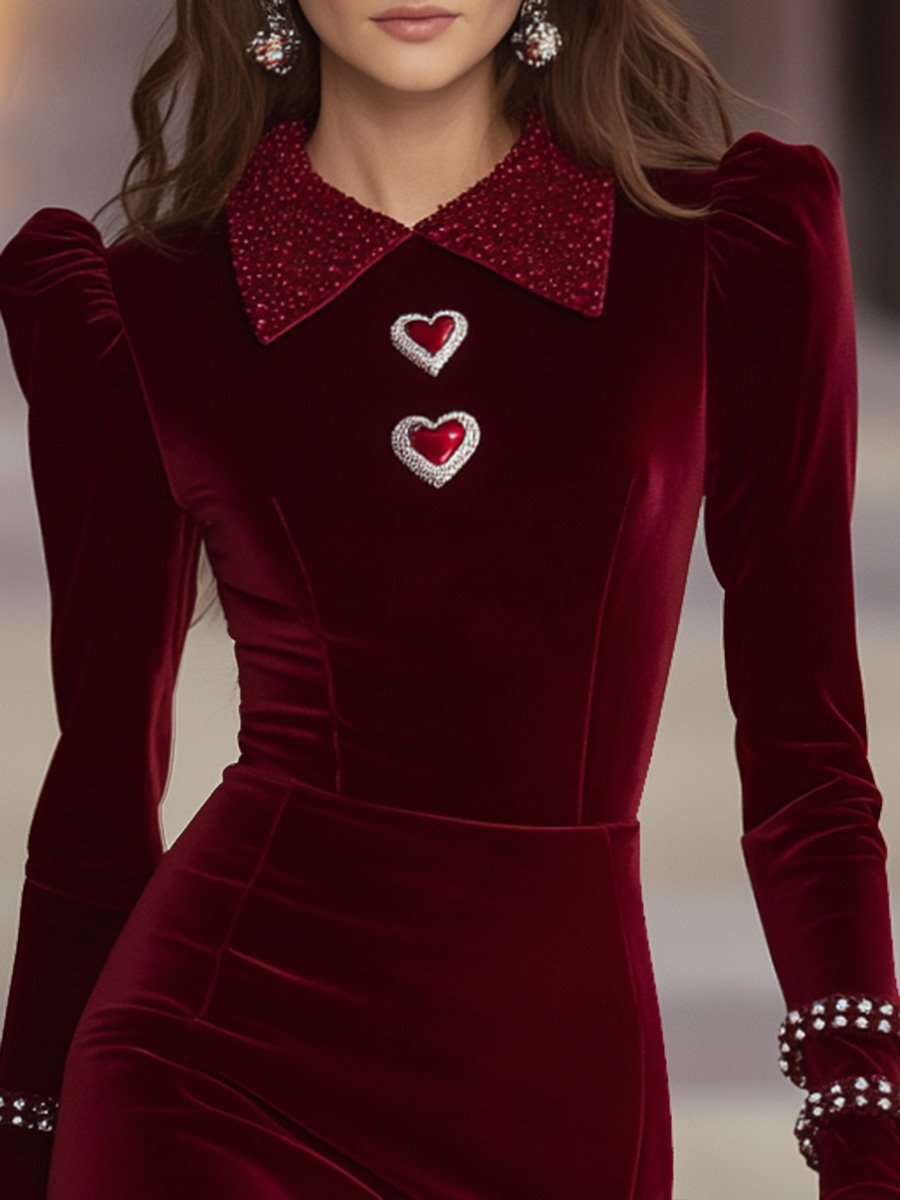 Elegant and Playful Love Button Thin Shiny Lapel Puff Sleeve Red Velvet Mini Dress