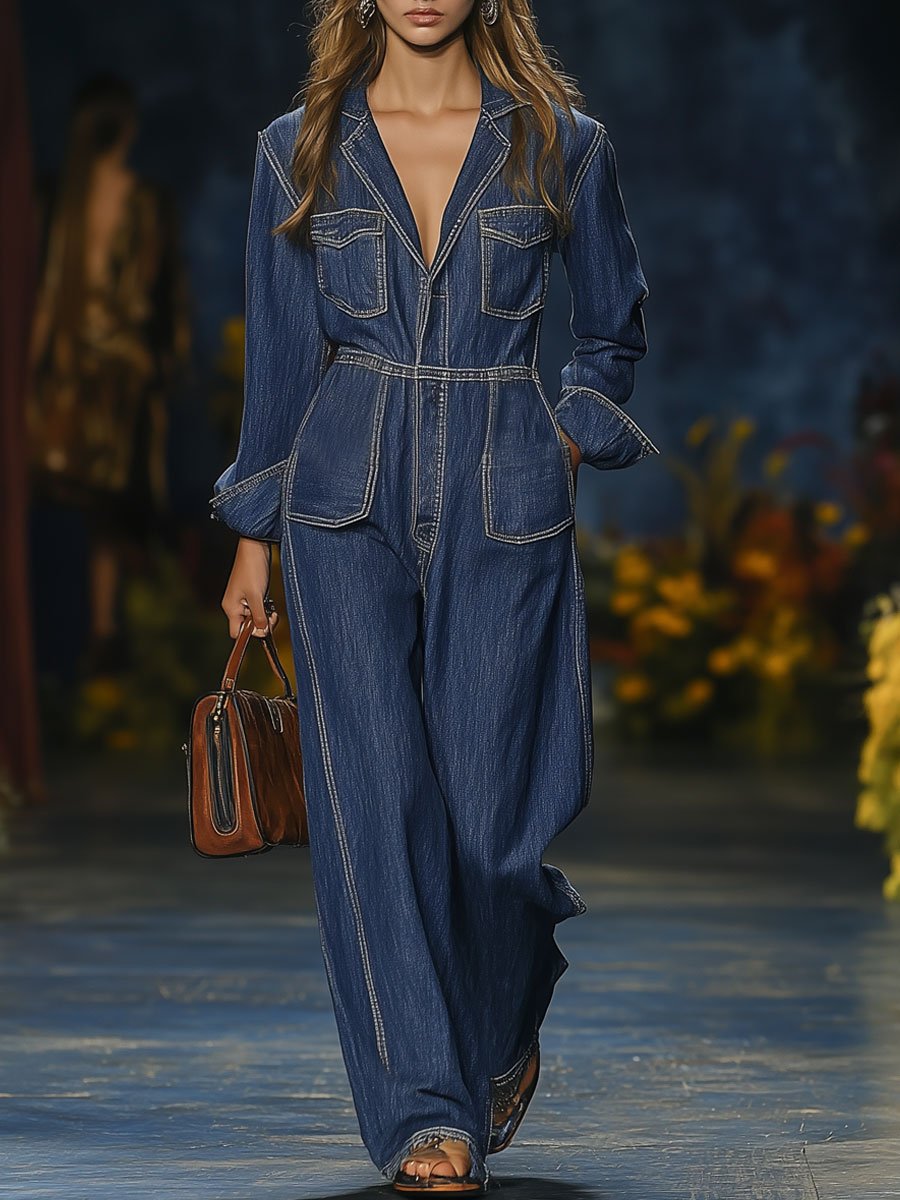 Casual Simple Retro Multi-Pocket Long Sleeve Denim Wide Leg Jumpsuit