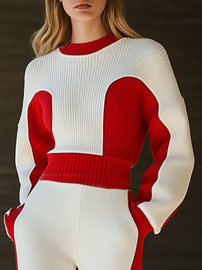 High-End Fashionable Red And White Color Matching Round Neck Knitted Suit