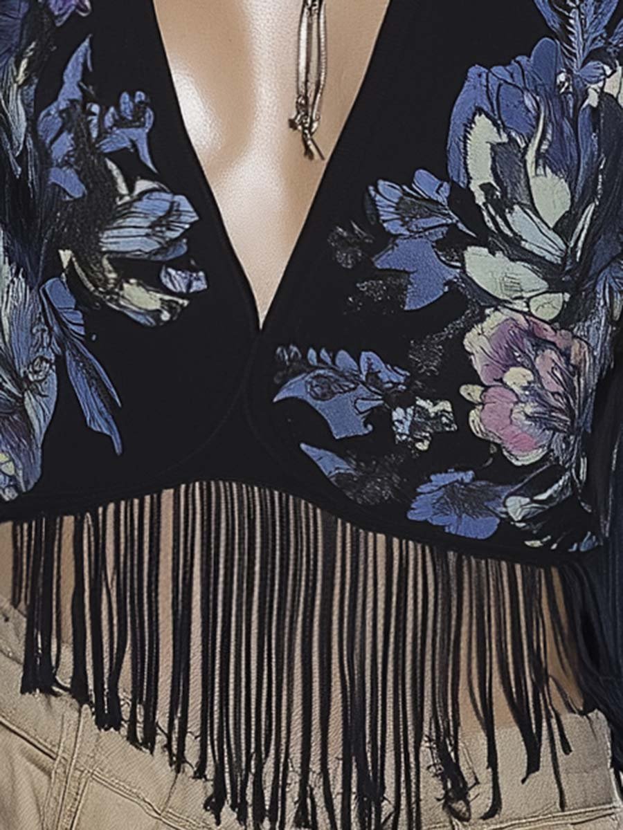 Bohemian V-neck Blue Floral Print Fringe Black Vest