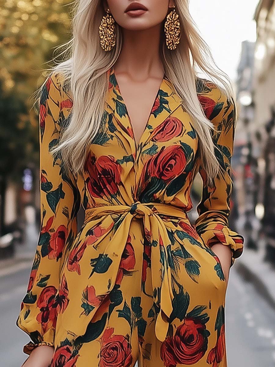 Handsome and Moving V-neck Waist Tie Yellow Floral Print Jumpsuit