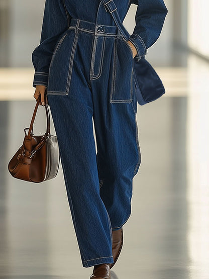 Casual Loose Retro Pocket Topstitched Long Sleeve Denim Jumpsuit