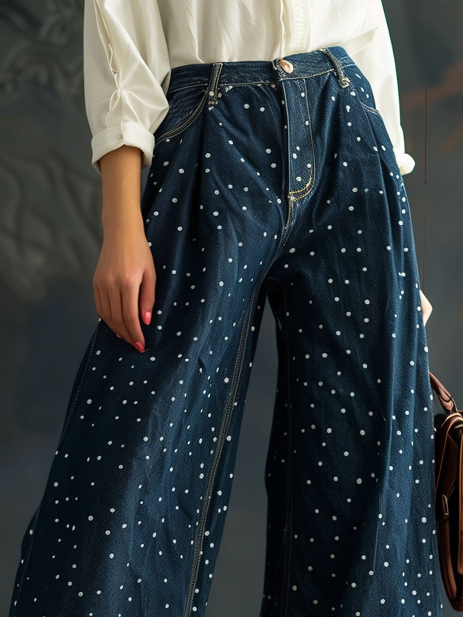 Casual Retro Polka Dot Ink Pocket Wide Leg Jeans