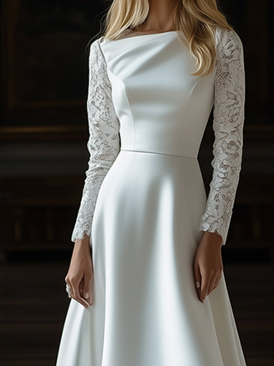 Classic Wedding Dress Style Lace Paneled Satin Long Sleeve Maxi Dress