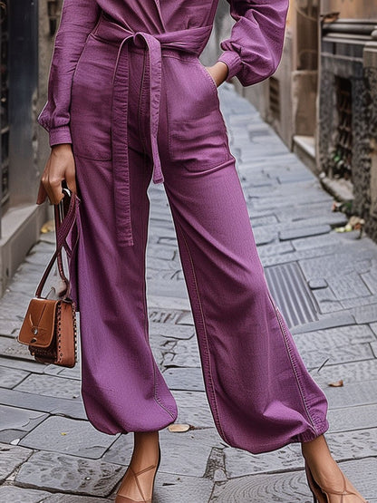 【24-hour shipping】Casual Loose Belted Pocket Purple Denim Long Sleeve Jumpsuit