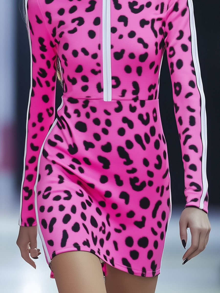 Casual White Striped Pink Leopard Print Sports Long Sleeve Mini Dress