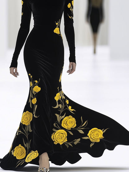 Fashion Retro Turtleneck Velvet Yellow Rose Print Long Sleeve Fishtail Maxi Dress