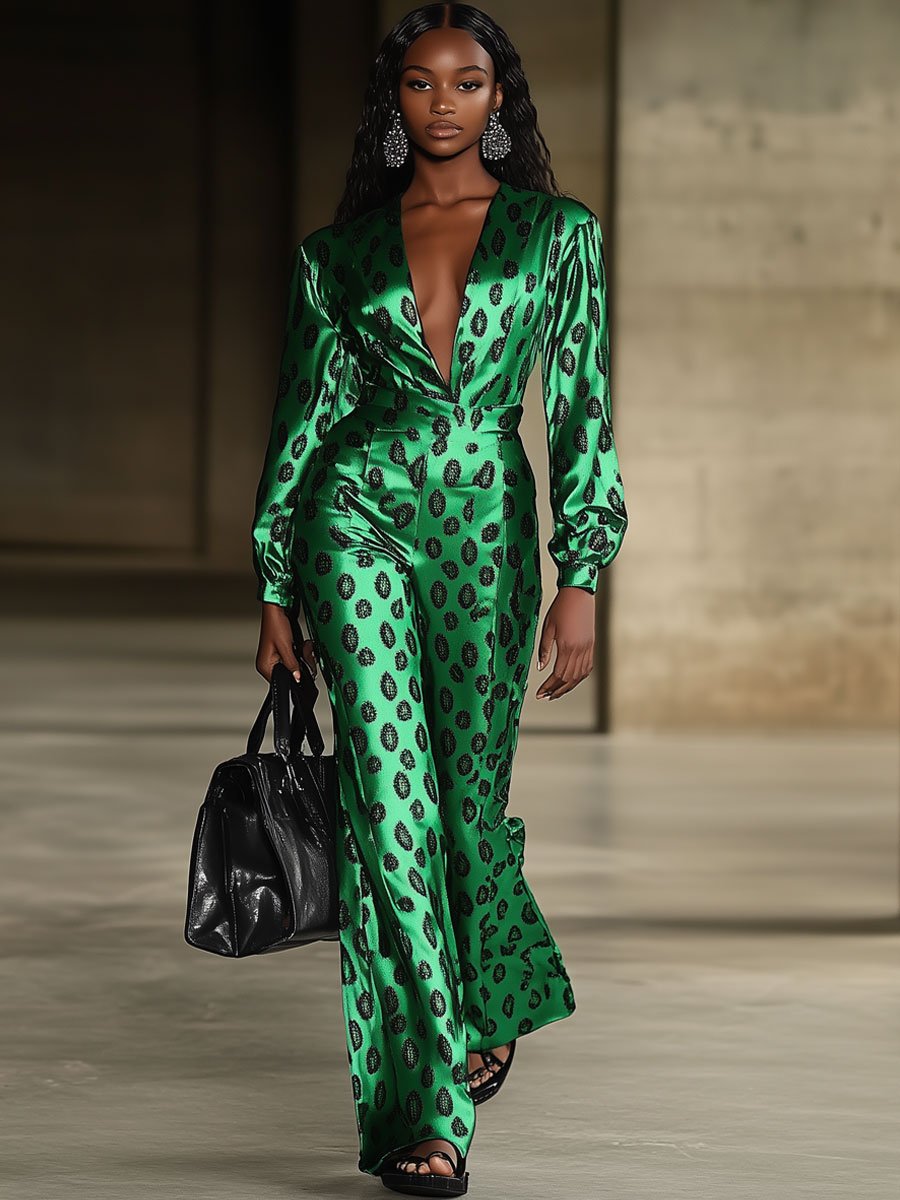 Casual Loose Retro Cashew Flower Print Green Satin Long Sleeve Wide Leg Jumpsuit