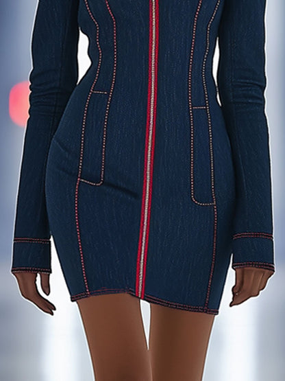 Fashion Retro Red Zipper Stand Collar Long Sleeve Denim Mini Dress