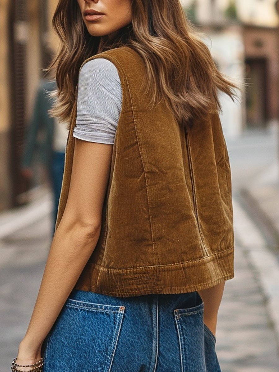 Casual Loose Vintage Corduroy Pocket V-Neck Vest