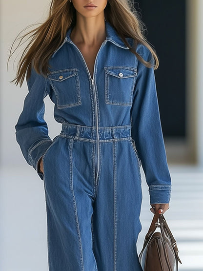 Casual Loose Vintage Denim Multi-Pocket Zipper Lapel Jumpsuit