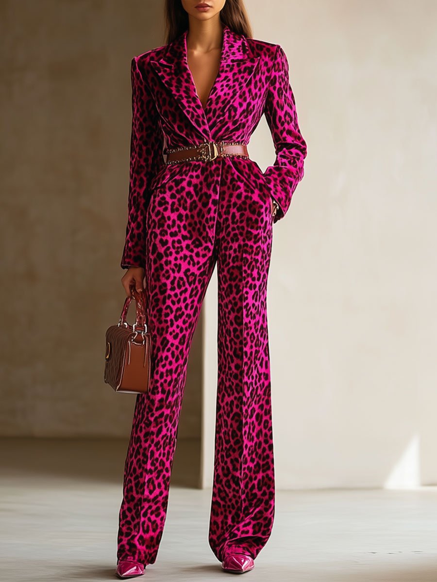 Casual Loose Retro Velvet Leopard Print Lapel Long Sleeve Jumpsuit