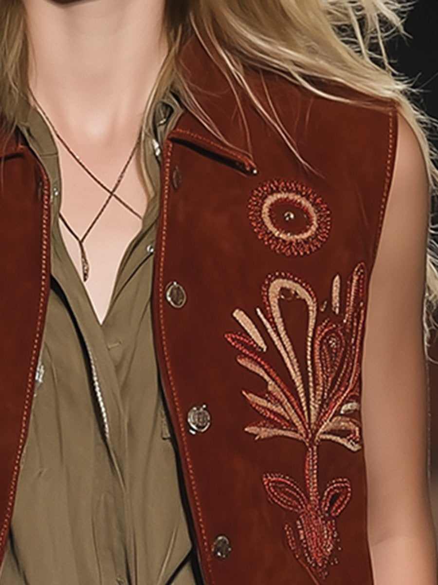 Vintage And Stylish Western Style Embroidered Suede Vest