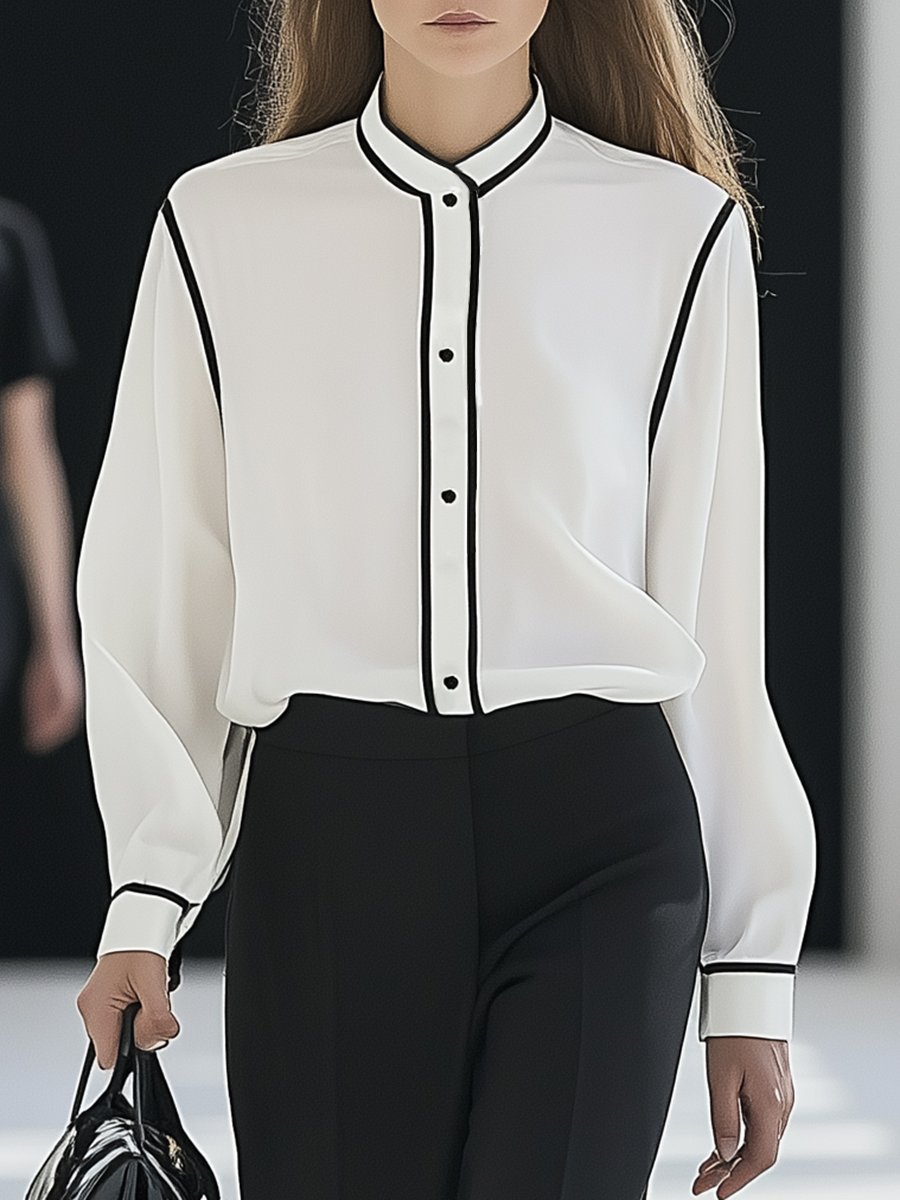 Elegant and Fashionable White Satin Stand Collar Black Edge Shirt