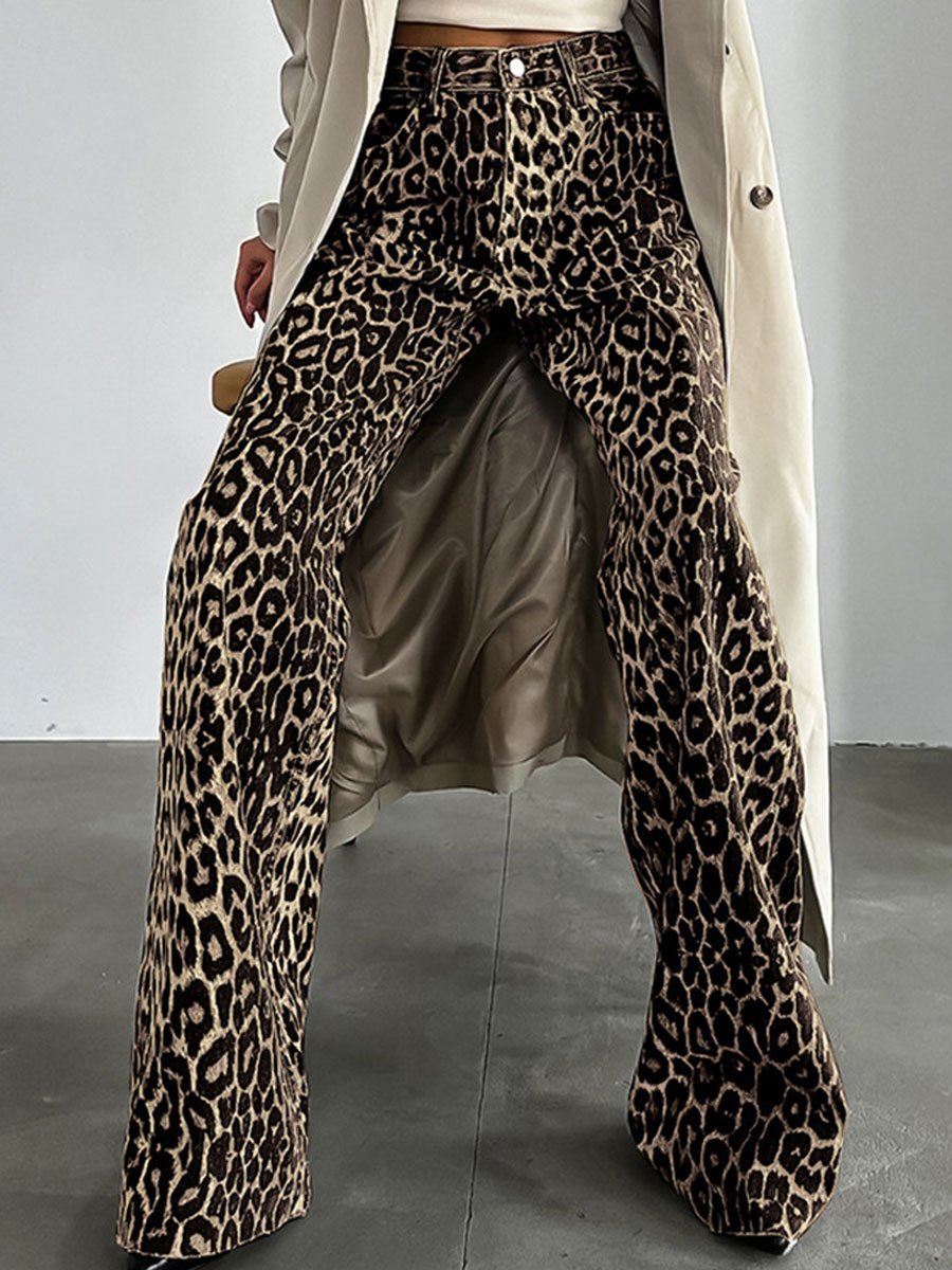 Casual Loose Fashion Cotton Leopard Print Casual Wide Leg Pants