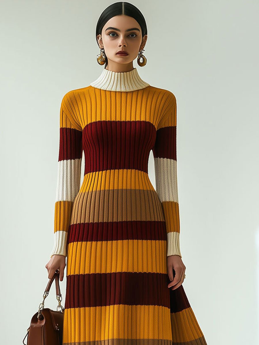 Fashion Loose Retro Color Striped Knitted Turtleneck Midi Dress