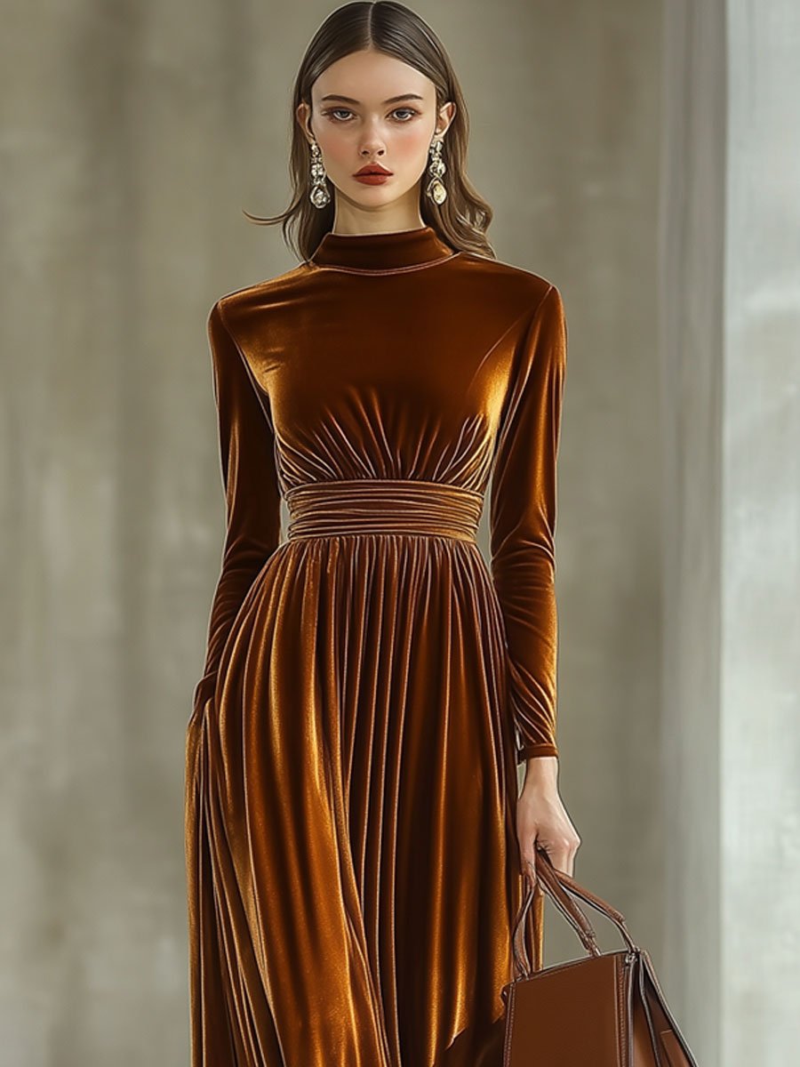 【24-hour shipping】Solid Color Simple Party Long Sleeve Half Turtleneck Maxi Dress