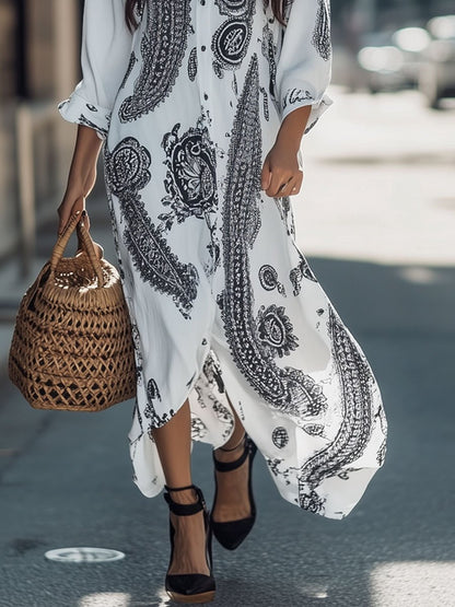 Loose Holiday Cotton and Linen Cashew Flower Print Long Sleeve Shirt Maxi Dress