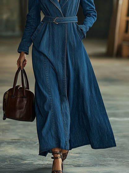 Casual Retro Lapel Waist Denim Long Sleeve Dress Style Trench Coat