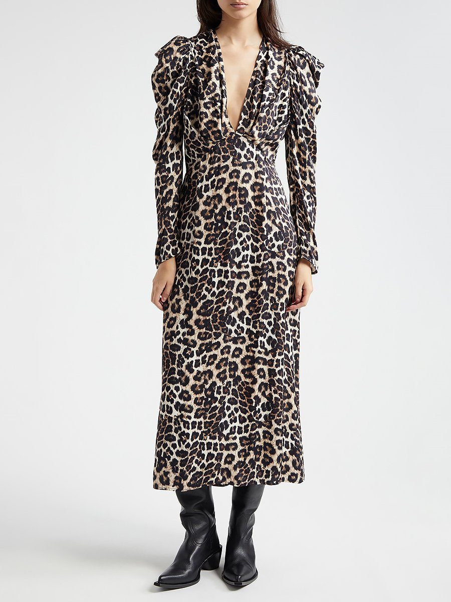 Retro Elegant Fashion Puff Sleeve V-Neck Leopard Print Maxi Dress