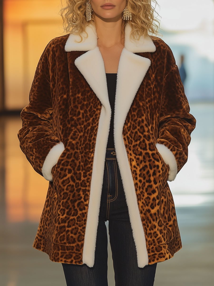 Casual Loose Retro Velvet Leopard Print Lamb Wool Patchwork Coat