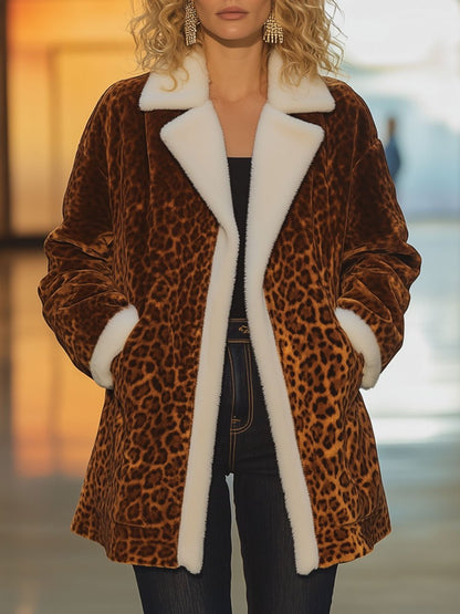 Casual Loose Retro Velvet Leopard Print Lamb Wool Patchwork Coat