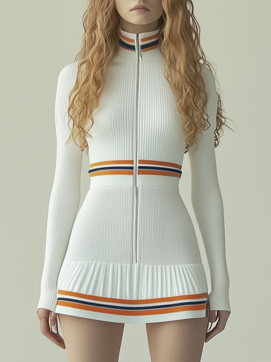 Casual Sporty Orange Striped White High Collar Ribbed Long-sleeved Mini Dress